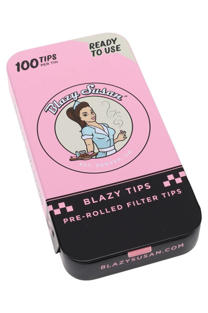 head-shop supplies Blazy Susan pre-rolled tips tin, 100 pink paper filters in slide-top metal case, front angled view. head-shop supplies Blazy Susan pre-rolled tips tin, 100 pink paper filters in slide-top metal case, front angled view.