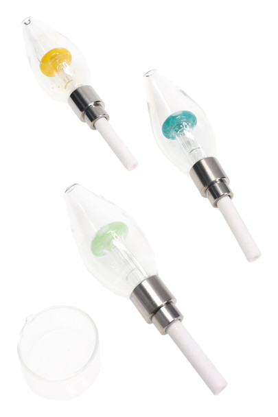 Three 5" glass bulb mushroom dab straws with screw-on ceramic tips and glass wax tray, yellow teal green accents, wholesale head-shop accessory, overhead view.