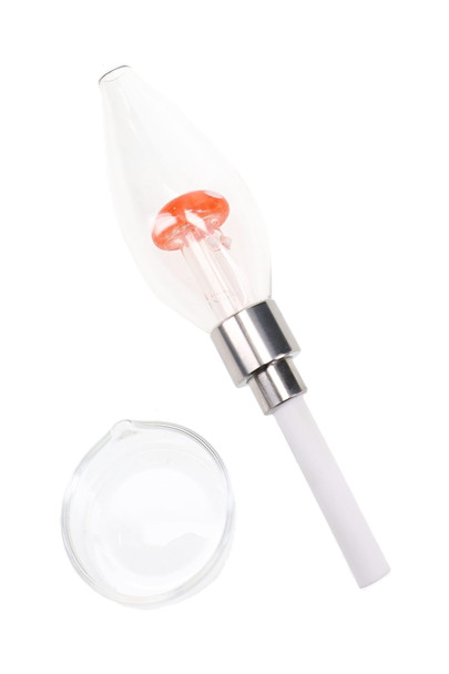 Clear glass dab straw with orange mushroom percolator, ceramic tip, metal connector, and included quartz dish
