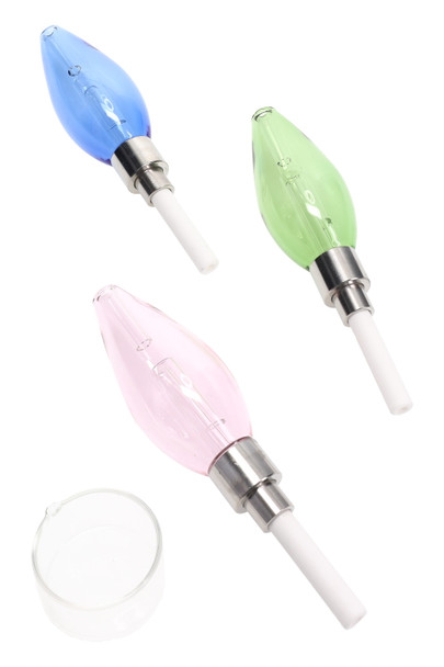 Three 5-inch colored glass bulb dab straws with screw-on ceramic tips and glass wax tray, blue green pink accents, wholesale head-shop accessory, overhead studio view. Three 5-inch colored glass bulb dab straws with screw-on ceramic tips and glass wax tray, blue green pink accents, wholesale head-shop accessory, overhead studio view.