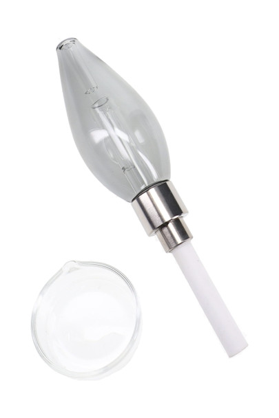 Clear glass dab straw with internal glass tube, ceramic tip, metal connector, and included quartz dish