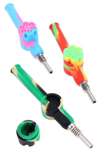 Multicolor silicone revolver dab straw set with 10 mm metal tips and removable jar, 5.25" length, white background, wholesale-ready product shot. Multicolor silicone revolver dab straw set with 10 mm metal tips and removable jar, 5.25" length, white background, wholesale-ready product shot.