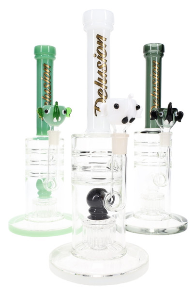 Trio of 12" stemless GoG straight shooters with gold Delusion logos; white, mint, dark-green accents; 9-arm tree percs; head-shop wholesale group shot. Trio of 12" stemless GoG straight shooters with gold Delusion logos; white, mint, dark-green accents; 9-arm tree percs; head-shop wholesale group shot.