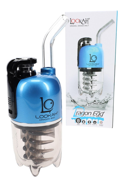 Blue Lookah Dragon Egg e-rig with glass mouthpiece and boxed packaging, ribbed percolator visible; wholesale vaporizer photo, front three-quarter angle.