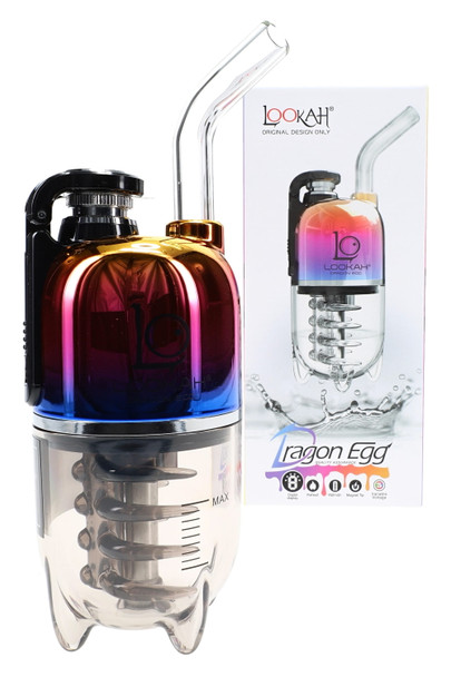 Rainbow gradient Dragon Egg e-rig with glass mouthpiece and spiral percolator; boxed set shown for retail display, B2B vaporizer shot.