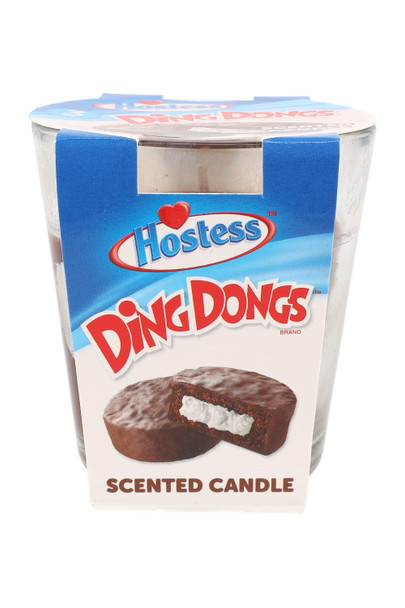 Wholesale Hostess Ding Dongs 3 oz scented tumbler candle, blue wrapper artwork on clear cup, retail-ready front view