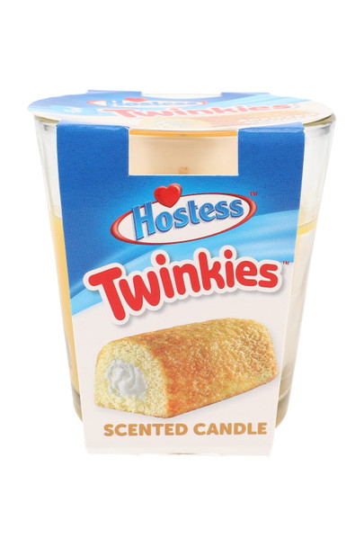 Wholesale Hostess Twinkies 3 oz tumbler candle, yellow snack-cake label cup angled for counter display