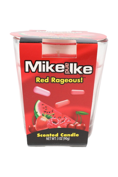 Wholesale Mike & Ike Red Rageous 3 oz scented tumbler candle, vivid red candy graphics on jar, front angle shot