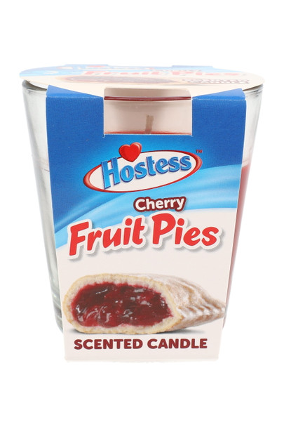 Wholesale Hostess Cherry Fruit Pies 3 oz tumbler candle, blue pastry label with cherry filling image, shelf-ready view