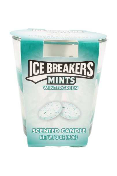 Wholesale Ice Breakers Wintergreen 3 oz tumbler candle, teal mint design label on clear vessel, product photo for B2B listings