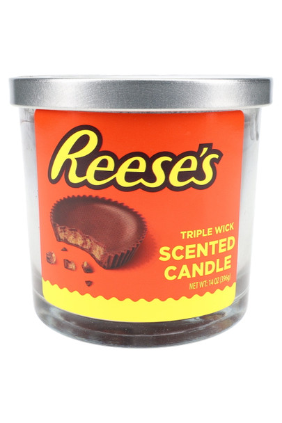 Wholesale Reese's triple-wick scented candle, 14-oz clear glass jar with orange label and silver lid, front-facing close-up