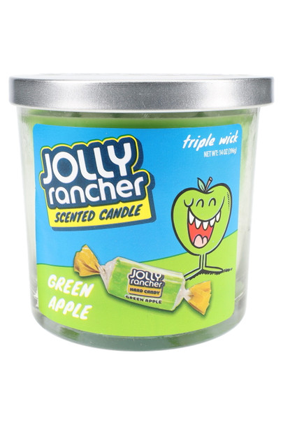 Bulk Jolly Rancher Green Apple triple-wick candle, 14-oz glass tumbler with green wax, blue label, eye-level product shot