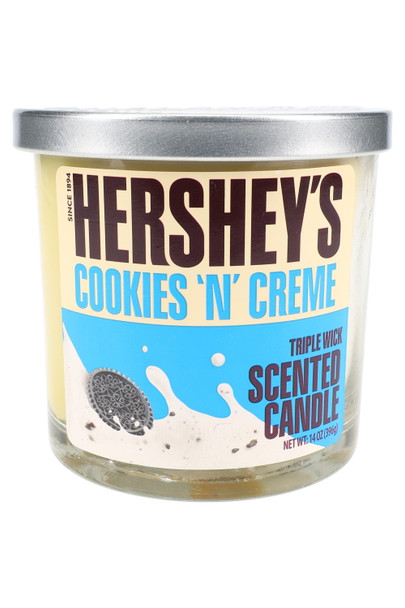 Wholesale Hershey's Cookies 'N' Crème triple-wick scented candle, 14-oz clear jar with cream wax, studio photograph