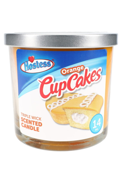 Bulk Hostess Orange Cupcakes triple-wick scented candle, 14-oz glass container with bright orange wax, forward-facing image
