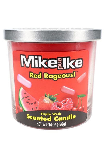 Wholesale Mike & Ike Red Rageous triple-wick candle, 14-oz clear glass jar with red wax and bold label, frontal catalog view