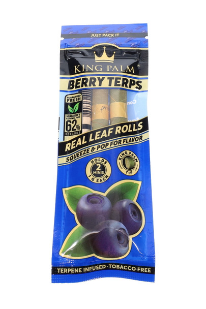 King Palm Berry Terps mini rolls pouch for smoke-shop wholesale; two 1 g rolls, 62% humidity pack, squeeze-and-pop tip, front view.