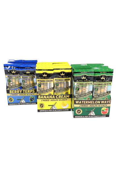 King Palm flavored mini rolls counter displays for wholesale—Berry Terps, Banana Cream, Watermelon Wave—20-pouch setup, angled group shot.