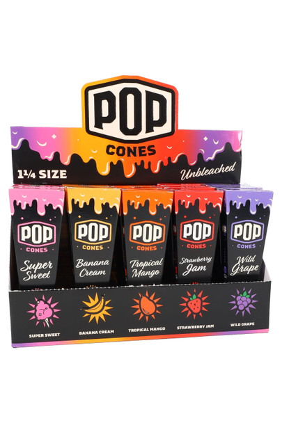25-pack POP Cones 1 ¼ assorted flavors retail display, five color cartons—Super Sweet to Wild Grape—front view for wholesale ordering. 25-pack POP Cones 1 ¼ assorted flavors retail display, five color cartons—Super Sweet to Wild Grape—front view for wholesale ordering.