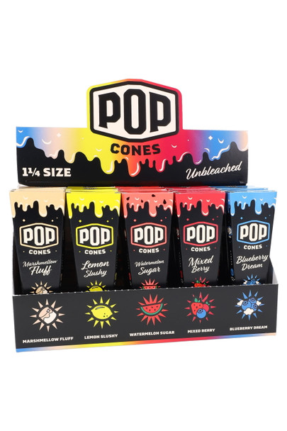 25-pack POP Cones 1 ¼ assorted flavors retail display—Marshmellow Fluff to Blueberry Dream—front view for wholesale ordering. 25-pack POP Cones 1 ¼ assorted flavors retail display—Marshmellow Fluff to Blueberry Dream—front view for wholesale ordering.