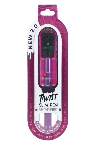 Ultra Purple Ooze Twist Slim Pen 2.0 in hanging retail package with charger and purple battery