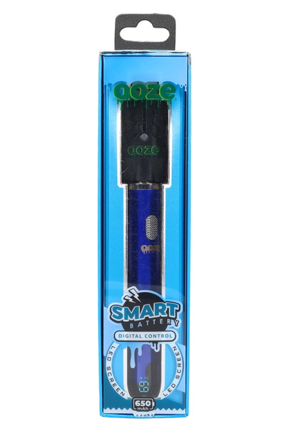 Sapphire Blue Ooze Smart 650 mAh 510 battery in carded retail box with USB charger; LED screen shown; wholesale vape accessory front view.