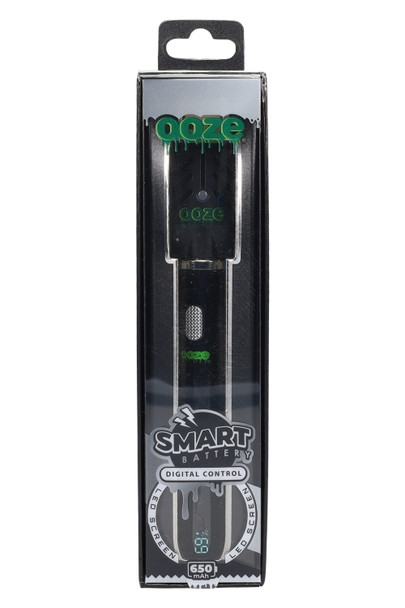 Black Ooze Smart 650 mAh 510 battery boxed with USB charger; battery level on screen; head-shop supplies front three-quarter angle.