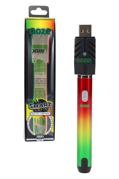 Rasta gradient Ooze Smart 650 mAh 510 battery, boxed set with USB charger; screen detail visible; wholesale vape accessory front view.