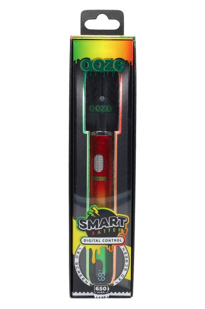 Gold Ooze Smart 650 mAh 510 battery retail box with USB charger included; voltage screen visible; wholesale vape accessory front view.