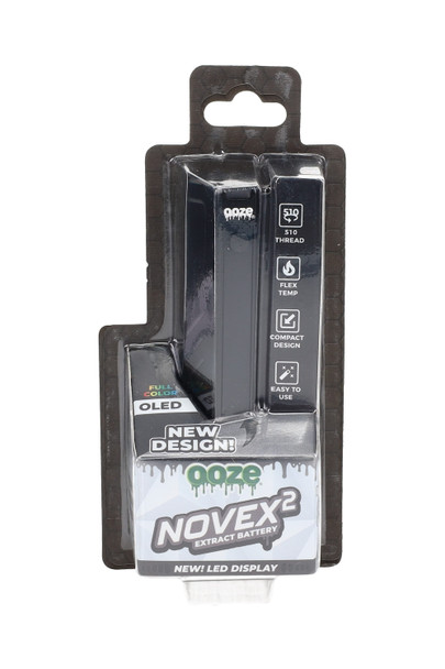 Panther Black Novex 2 concealer-style 510 battery packaged; retail smoke gear with screen and flex-temp icons, hang tab front studio view.