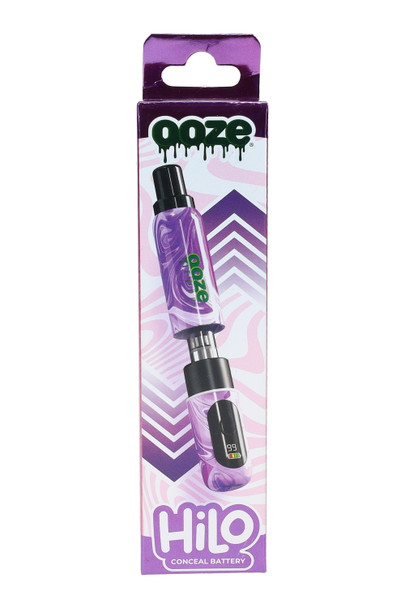 Purple Swish Ooze Hilo conceal 510 battery in display-ready carton, digital screen art visible, front view for wholesale ordering. Purple Swish Ooze Hilo conceal 510 battery in display-ready carton, digital screen art visible, front view for wholesale ordering.