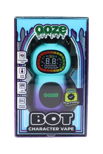 Moonrise Ooze Bot 650 mAh character vape sealed in window box, feature icons shown, straight-on retail packaging image for wholesale listings. Moonrise Ooze Bot 650 mAh character vape sealed in window box, feature icons shown, straight-on retail packaging image for wholesale listings.