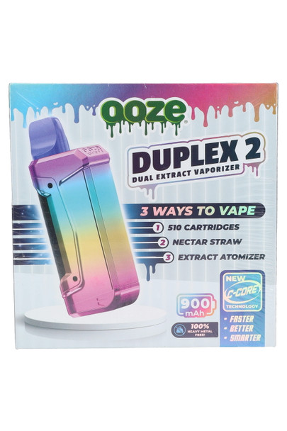 Rainbow finish Ooze Duplex 2 retail box highlighting 3 vaping modes and 900 mAh; wholesale vape counter packaging, straight front view. Rainbow finish Ooze Duplex 2 retail box highlighting 3 vaping modes and 900 mAh; wholesale vape counter packaging, straight front view.