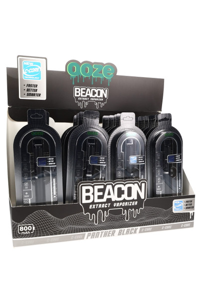 24-count Ooze Beacon Panther Black display tray with boxed units and header card, three-quarter angle for retail vape wholesale orders.