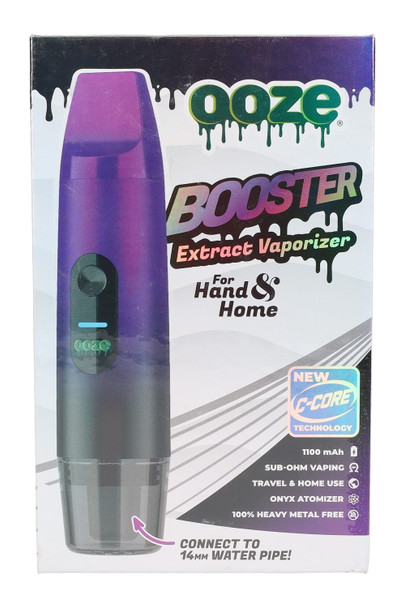 Galaxy Purple Ooze Booster extract vaporizer box with flex-temp icon and 14 mm adapter arrow; wholesale vaporizer packaging, front view.