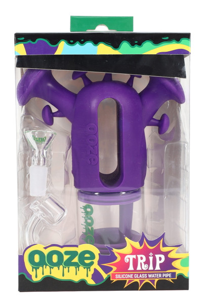 Ultra Purple Ooze Trip silicone/glass water bubbler packaged in branded window box, components displayed for retail shelves (wholesale).