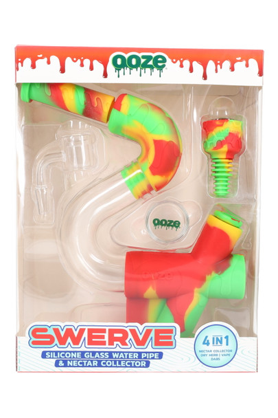 Rasta color Ooze Swerve silicone/glass 4-in-1 water pipe in shelf-ready box, components visible through window, front view for smoke-shop wholesale buyers. Rasta color Ooze Swerve silicone/glass 4-in-1 water pipe in shelf-ready box, components visible through window, front view for smoke-shop wholesale buyers.
