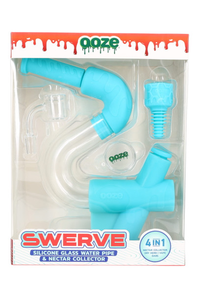 Aqua Teal Ooze Swerve silicone/glass hybrid kit in display packaging with accessories shown, straight-on angle for retail head-shop supplies. Aqua Teal Ooze Swerve silicone/glass hybrid kit in display packaging with accessories shown, straight-on angle for retail head-shop supplies.