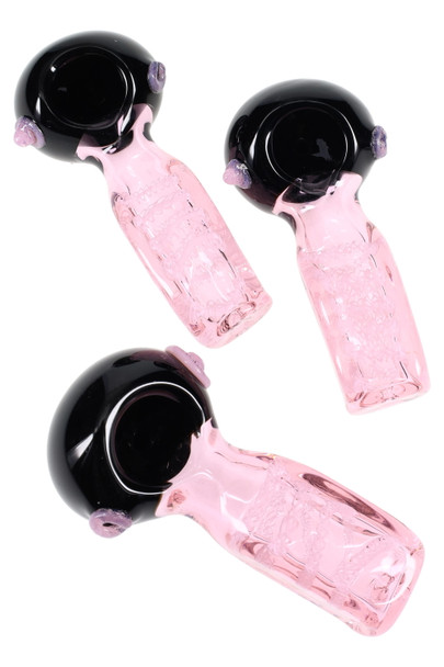 Trio of 4" pink square-handle glass spoon pipes with black bowls and stripe accents, angled studio view for wholesale head-shop product listings Trio of 4" pink square-handle glass spoon pipes with black bowls and stripe accents, angled studio view for wholesale head-shop product listings