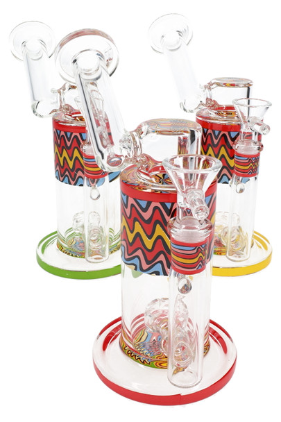 Trio of 7-inch sidecar glass water pipes with reverse rainbow bands, showerhead percs, red/green/yellow base rings; front angle for wholesale head-shop listings. Trio of 7-inch sidecar glass water pipes with reverse rainbow bands, showerhead percs, red/green/yellow base rings; front angle for wholesale head-shop listings.