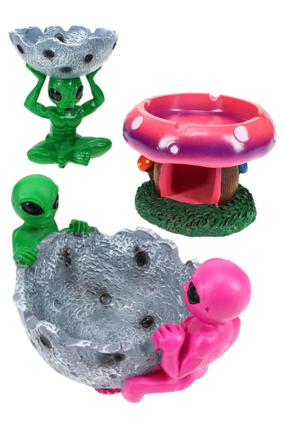 Assorted alien and mushroom novelty resin ashtrays in crater and fairy-house styles, bright mix for smoke shop wholesale displays.
