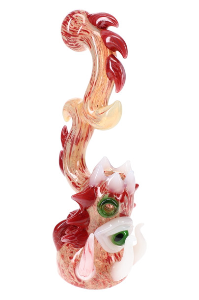 Front view of 9" eyeball sherlock bubbler with green eye, tusk accents and spikes, red/cream frit glass; thick display-case item for wholesale shops. Front view of 9" eyeball sherlock bubbler with green eye, tusk accents and spikes, red/cream frit glass; thick display-case item for wholesale shops.