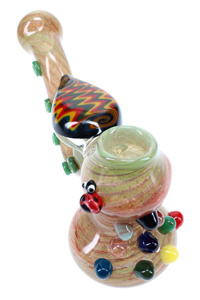Close-up 8" silver-fumed hammer bubbler with multicolor reverse marble, ladybug and glass marbles; retail smoke-shop piece, front angle. Close-up 8" silver-fumed hammer bubbler with multicolor reverse marble, ladybug and glass marbles; retail smoke-shop piece, front angle.