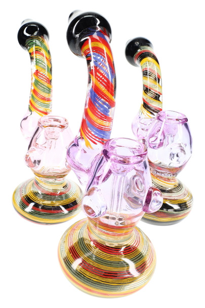 8-inch clear glass sherlock bubbler with multicolor spiral striping, black mouthpiece accents, group front angle for smoke shop wholesale display 8-inch clear glass sherlock bubbler with multicolor spiral striping, black mouthpiece accents, group front angle for smoke shop wholesale display