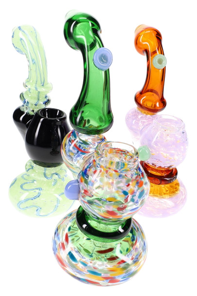 7.5-inch frit glass sherlock bubblers, multicolor bases with green and amber variants, front group angle for smoke shop wholesale display 7.5-inch frit glass sherlock bubblers, multicolor bases with green and amber variants, front group angle for smoke shop wholesale display