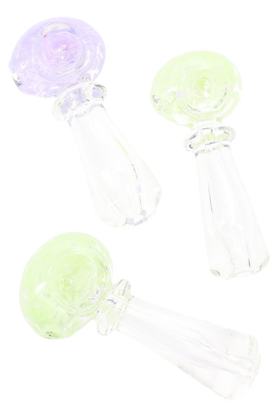 Top-angle trio of 3.5" clear glass spoon pipes with neon frit bowls—lavender and lime accents, ring grip at neck—wholesale hand pipe assortment on white.