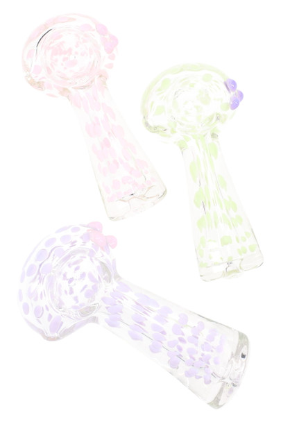Three 4" clear glass spoon pipes with pastel neon dots and a small colored marble grip; assorted pink, green, and lavender styles for head-shop wholesale. Three 4" clear glass spoon pipes with pastel neon dots and a small colored marble grip; assorted pink, green, and lavender styles for head-shop wholesale.