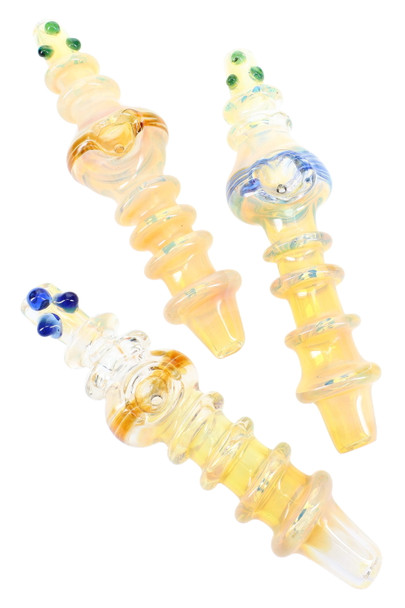 6.5" silver-fumed glass steamrollers with stacked rings and colored marble grips, three assorted variants, top-down studio view for wholesale product listings 6.5" silver-fumed glass steamrollers with stacked rings and colored marble grips, three assorted variants, top-down studio view for wholesale product listings