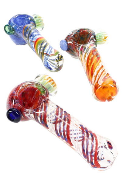 Three 4.5" silver-fumed frit glass hammer pipes with multicolor spiral stripes and floral marble; wholesale head-shop listing, angled top view. Three 4.5" silver-fumed frit glass hammer pipes with multicolor spiral stripes and floral marble; wholesale head-shop listing, angled top view.