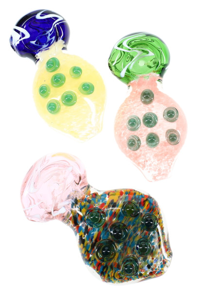 Three 4.5" glass spoons with colorful frit bodies, wide mouthpieces, and raised marble grips; assorted styles, bright studio angle for wholesale listing. Three 4.5" glass spoons with colorful frit bodies, wide mouthpieces, and raised marble grips; assorted styles, bright studio angle for wholesale listing.