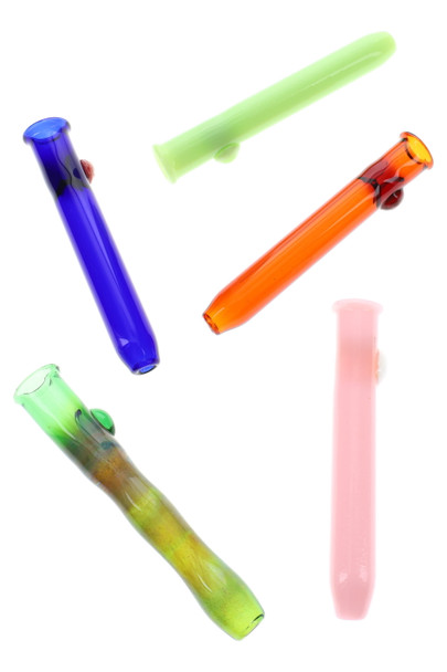 Assorted 3" US-made colored glass chillums with marble grips—green, blue, orange, pink—angled studio layout for wholesale head-shop displays. Assorted 3" US-made colored glass chillums with marble grips—green, blue, orange, pink—angled studio layout for wholesale head-shop displays.